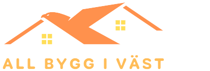 En orange logotyp föreställande en fågel som bildar två tak med gula fönster. Under bilden står det ”ALL BYGG I VÄST” med orange versaler.