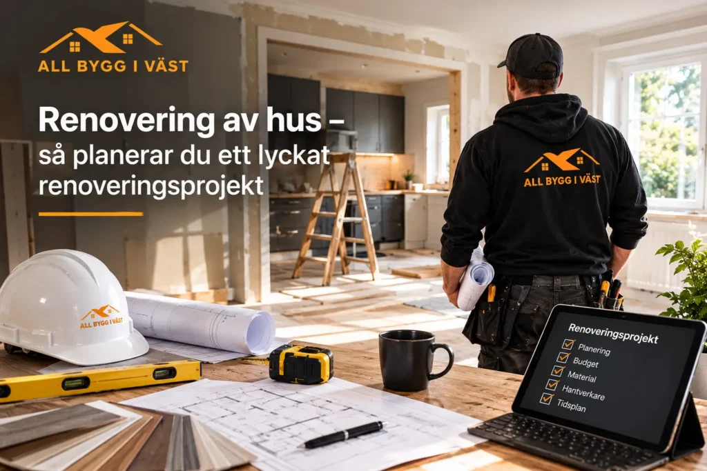 En hantverkare står i ett rum som håller på att renoveras, med ritningar, en skyddshjälm och en surfplatta där en renoveringslista visas på ett bord i förgrunden.
