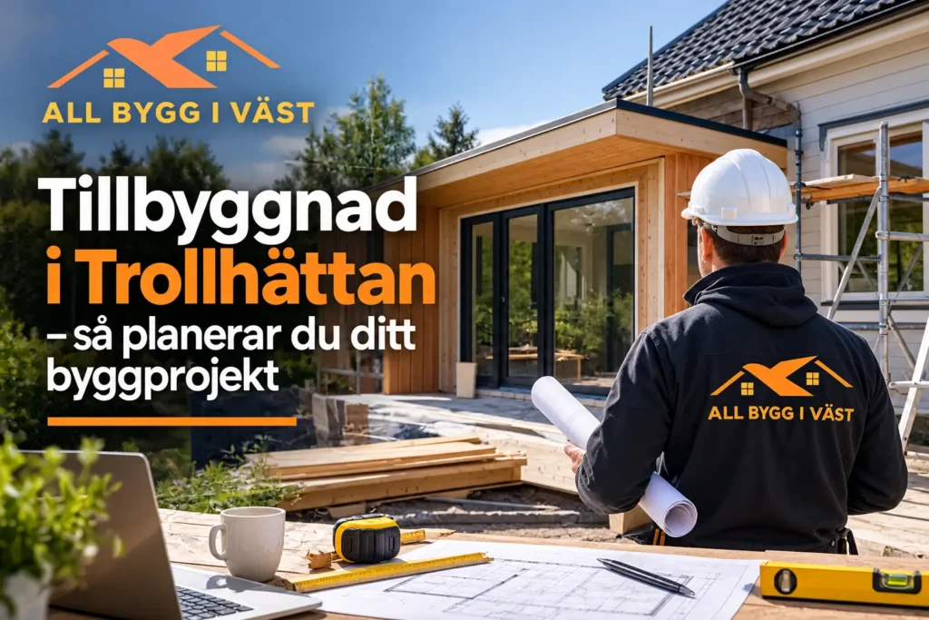 En byggarbetare med hjälm håller i ritningar och blickar mot en modern tillbyggnad. Texten på svenska marknadsför byggprojekt i Trollhättan. Verktyg, ritningar och företagets logotyp syns i bilden.