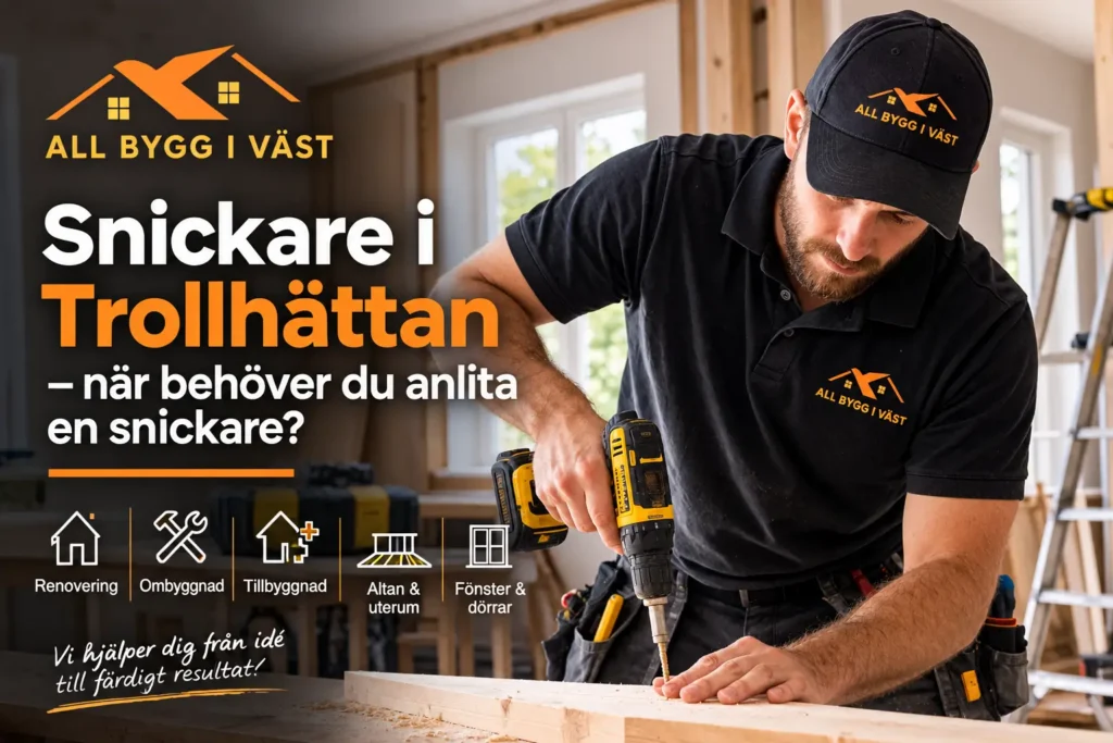 En snickare som bär en keps och en tröja från All Bygg i Väst skruvar fast en skruv i en träskiva med reklamtext för byggtjänster i Trollhättan.