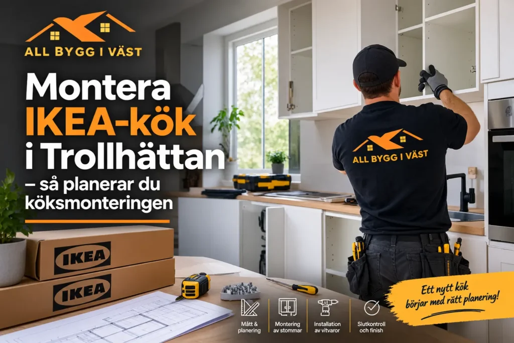 En hantverkare i en T-shirt med varumärkeslogotyp monterar köksskåp i en bostad, med IKEA-lådor och ritningar på bordet i förgrunden, som en del av ett ”Montera IKEA kök”-projekt i Trollhättan.