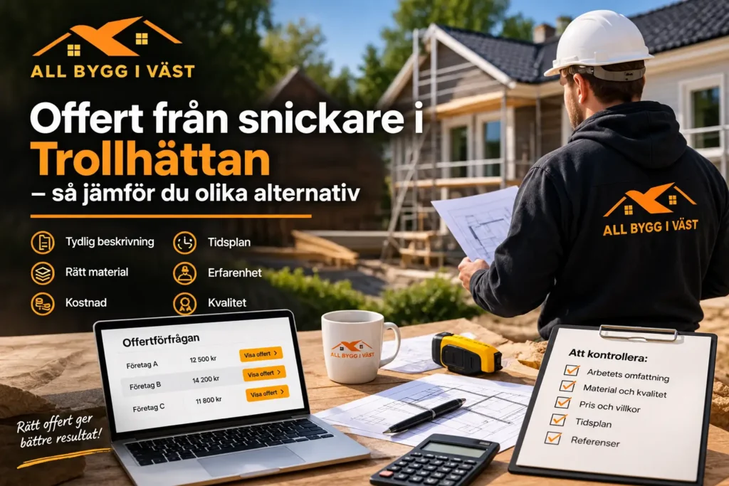 En byggarbetare med skyddshjälm granskar ritningar på en byggarbetsplats, tillsammans med text som marknadsför byggoffert i Trollhättan och en checklista för att jämföra anbud från entreprenörer.