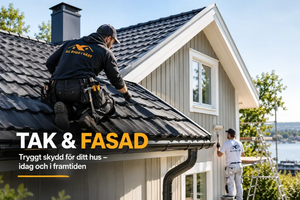 En takläggare arbetar på ett mörkt tegeltak medan en annan målar den ljusa träfasaden, vilket tyder på en takrenovering med texten ”TAK & FASAD” överlagrad.